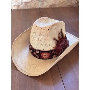 Top Sire Straw Cowboy Hat Floral Band Feather Accent Size 7 Western